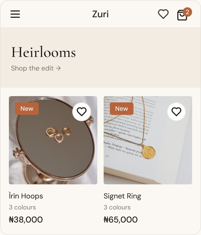 The Zuri store home page